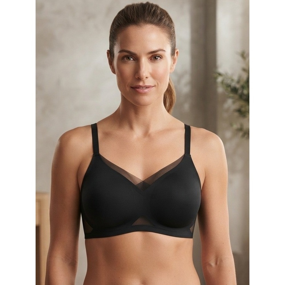 Honeylove Wireless V-Neck Bra Mesh Crossover Women's XL Black Stretch Comfort